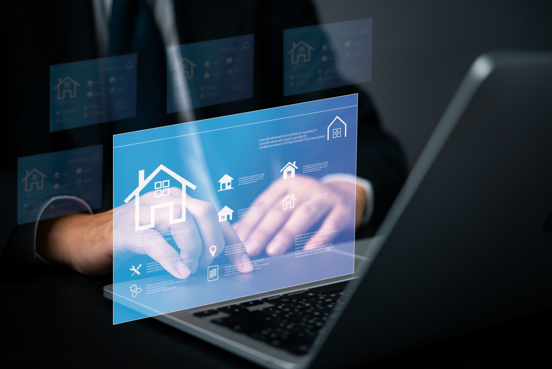 Real estate concept business, home insurance and real estate protection. Buy and sell houses and real estate market and investment online on a virtual screen Innovative Technology Concept