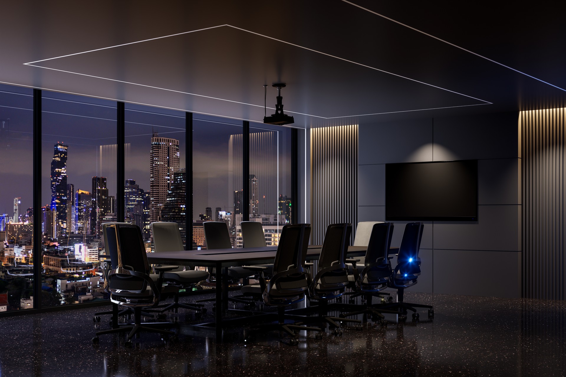 Modern style luxury black meeting room interior with night city view background 3d render