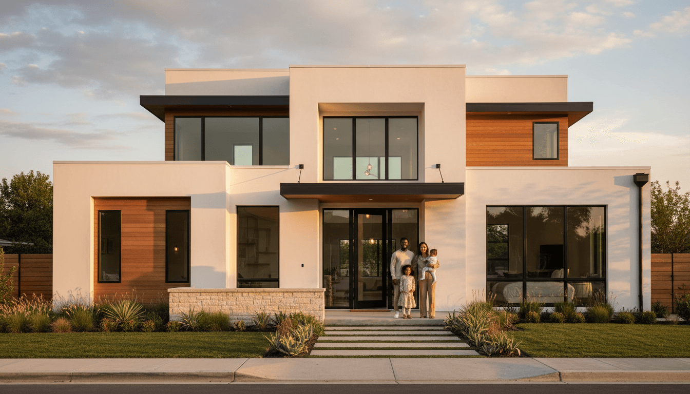 Young diverse family standing on front porch of newly completed contemporary home during golden hour sunset Young diverse family standing on front porch of newly completed contemporary home during golden hour sunset