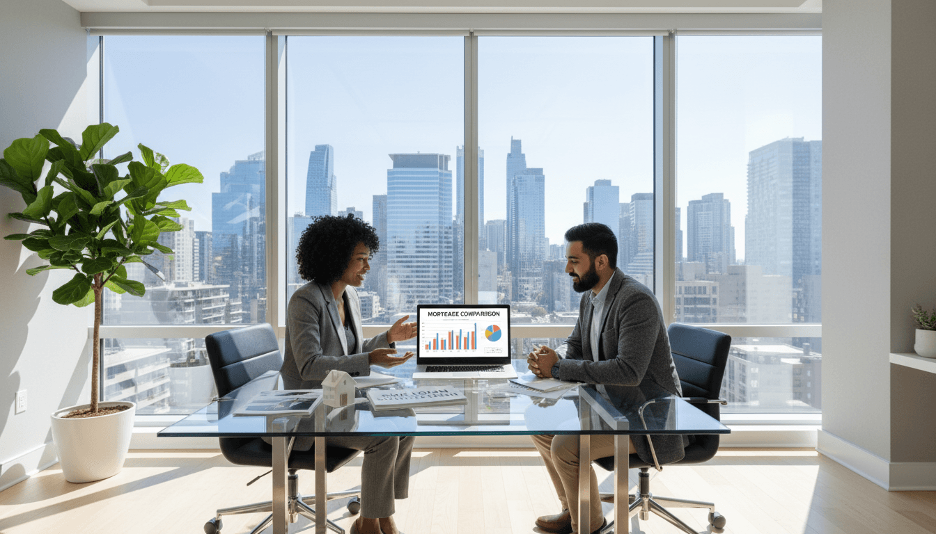 Mortgage advisor and homebuyer discussing financing options at modern glass desk with city view Mortgage advisor and homebuyer discussing financing options at modern glass desk with city view